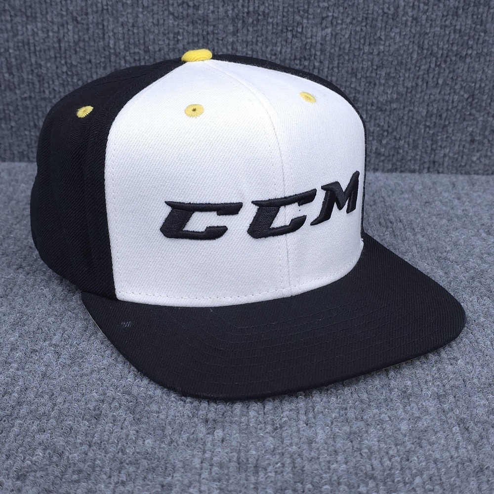 CCM Hat Cap Mens Adjustable Snap Back Black White Yellow Ice Hockey Super Tacks